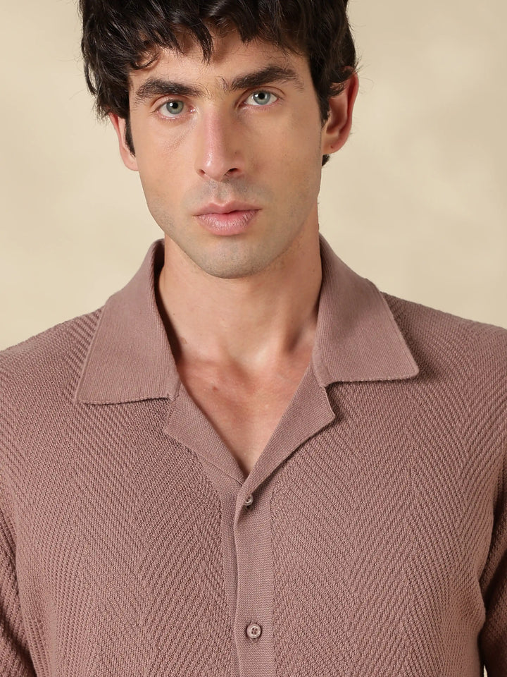 Brown Solid Regular Fit Flat Knit Shirt