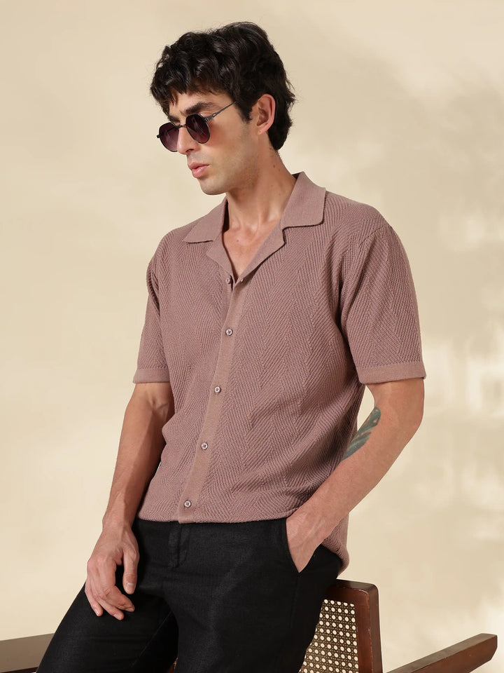Brown Solid Regular Fit Flat Knit Shirt