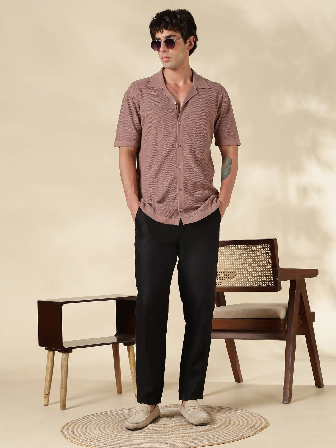 Brown Solid Regular Fit Flat Knit Shirt
