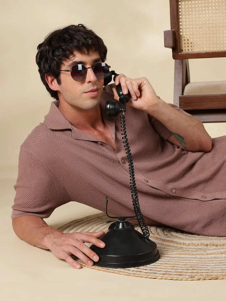 Brown Solid Regular Fit Flat Knit Shirt