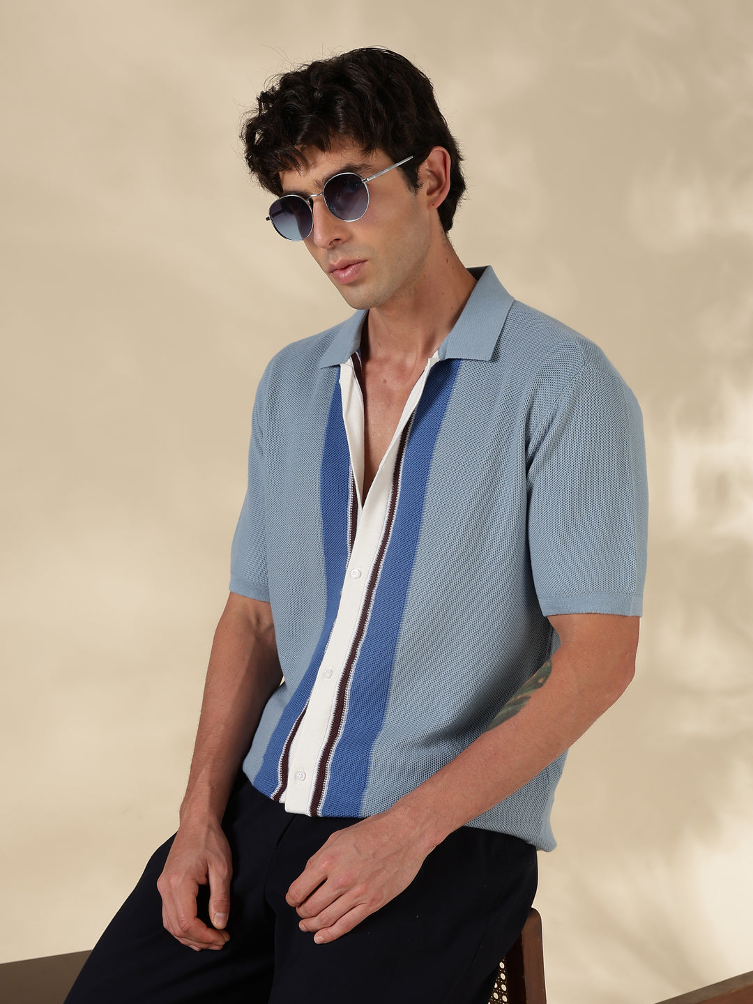 Sky blue Solid Regular Fit Spread Collar Flat Knit Shirt