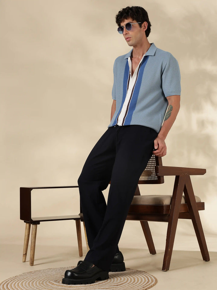 Sky blue Solid Regular Fit Spread Collar Flat Knit Shirt
