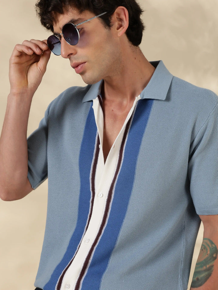 Sky blue Solid Regular Fit Flat Knit Shirt
