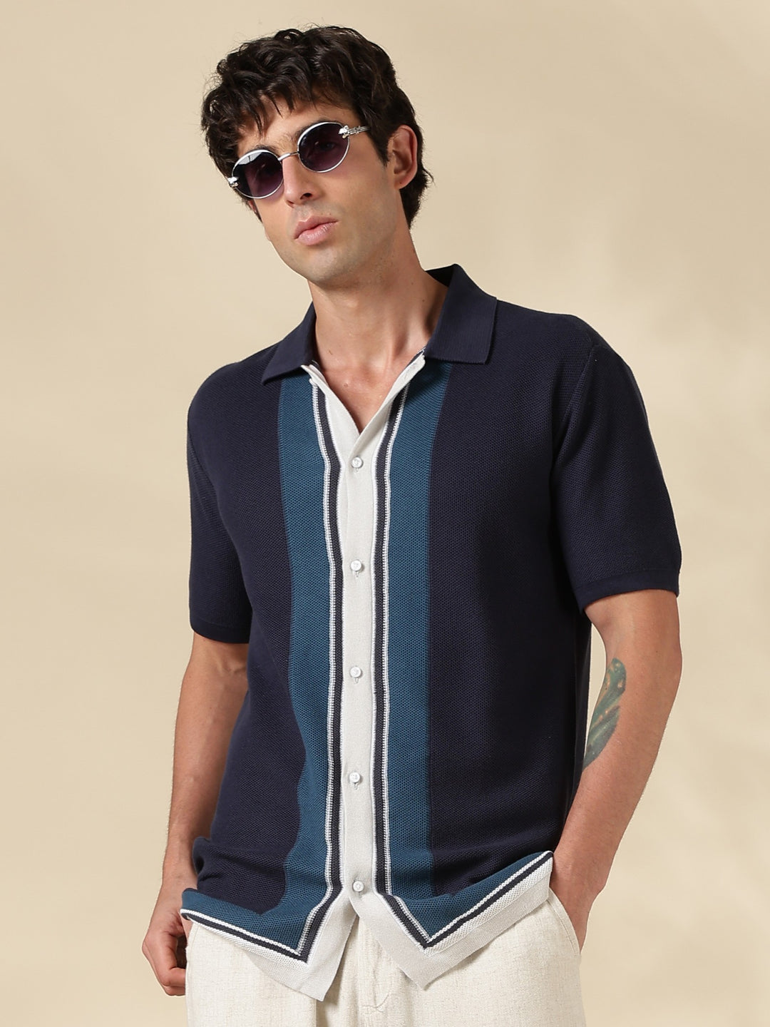 Navy Solid Regular Fit Spread Collar Flat Knit Shirt