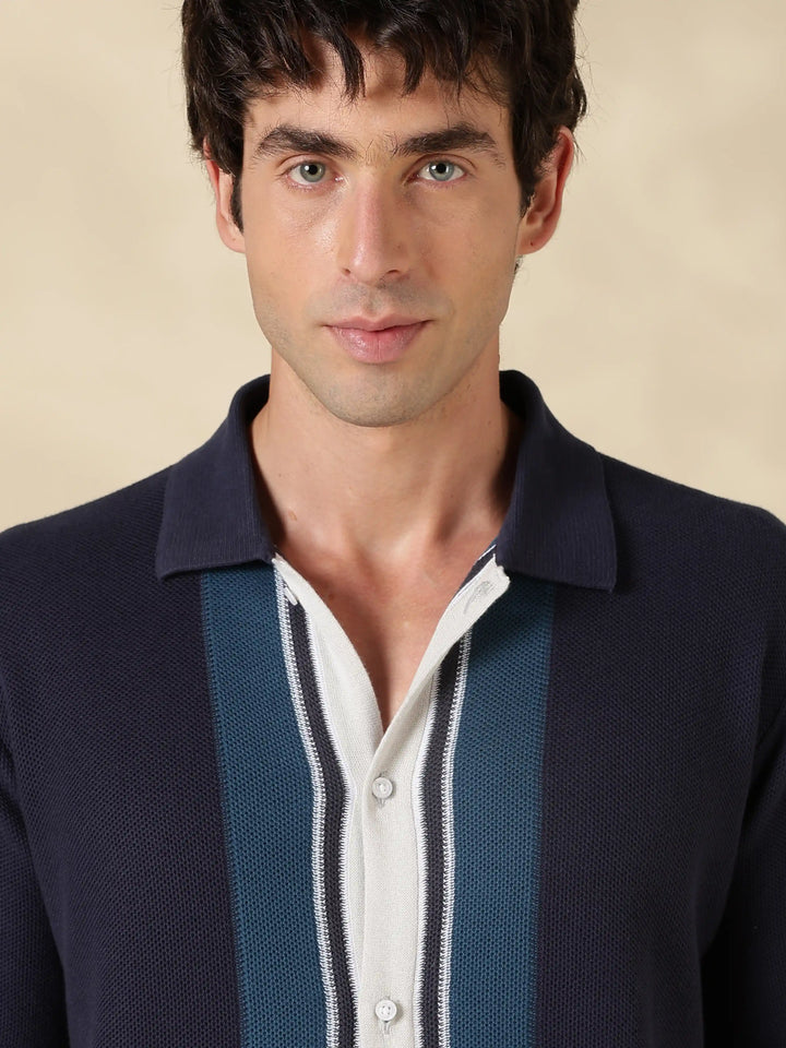 Navy Solid Regular Fit Flat Knit Shirt