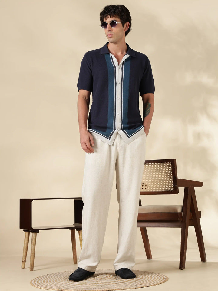 Navy Solid Regular Fit Flat Knit Shirt