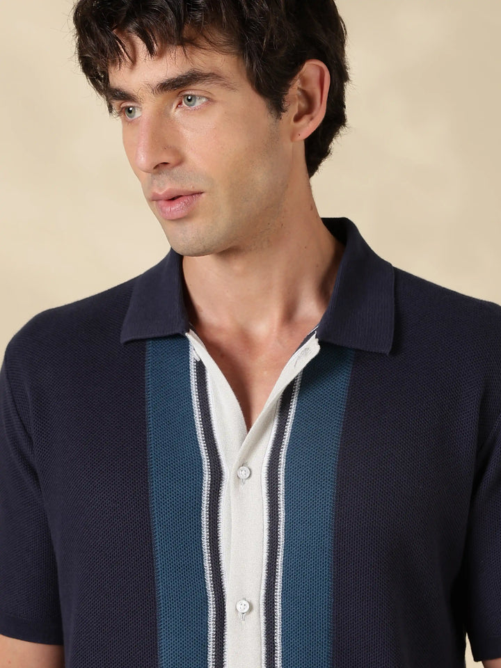Navy Solid Regular Fit Flat Knit Shirt
