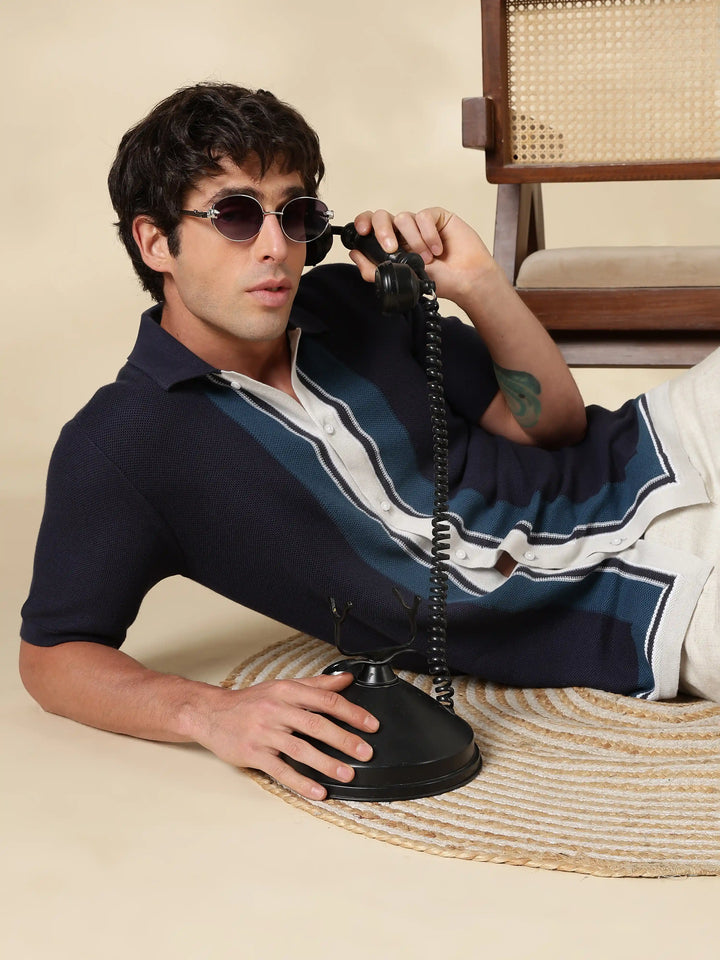 Navy Solid Regular Fit Flat Knit Shirt