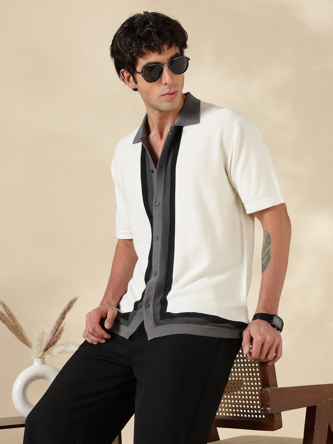 White Solid Regular Fit Spread Collar Flat Knit Shirt
