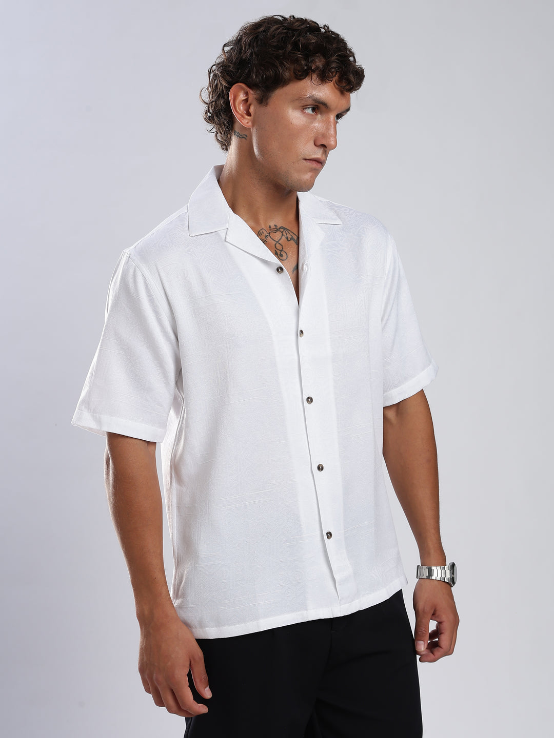 White Jacquard Boxy Fit Shirt