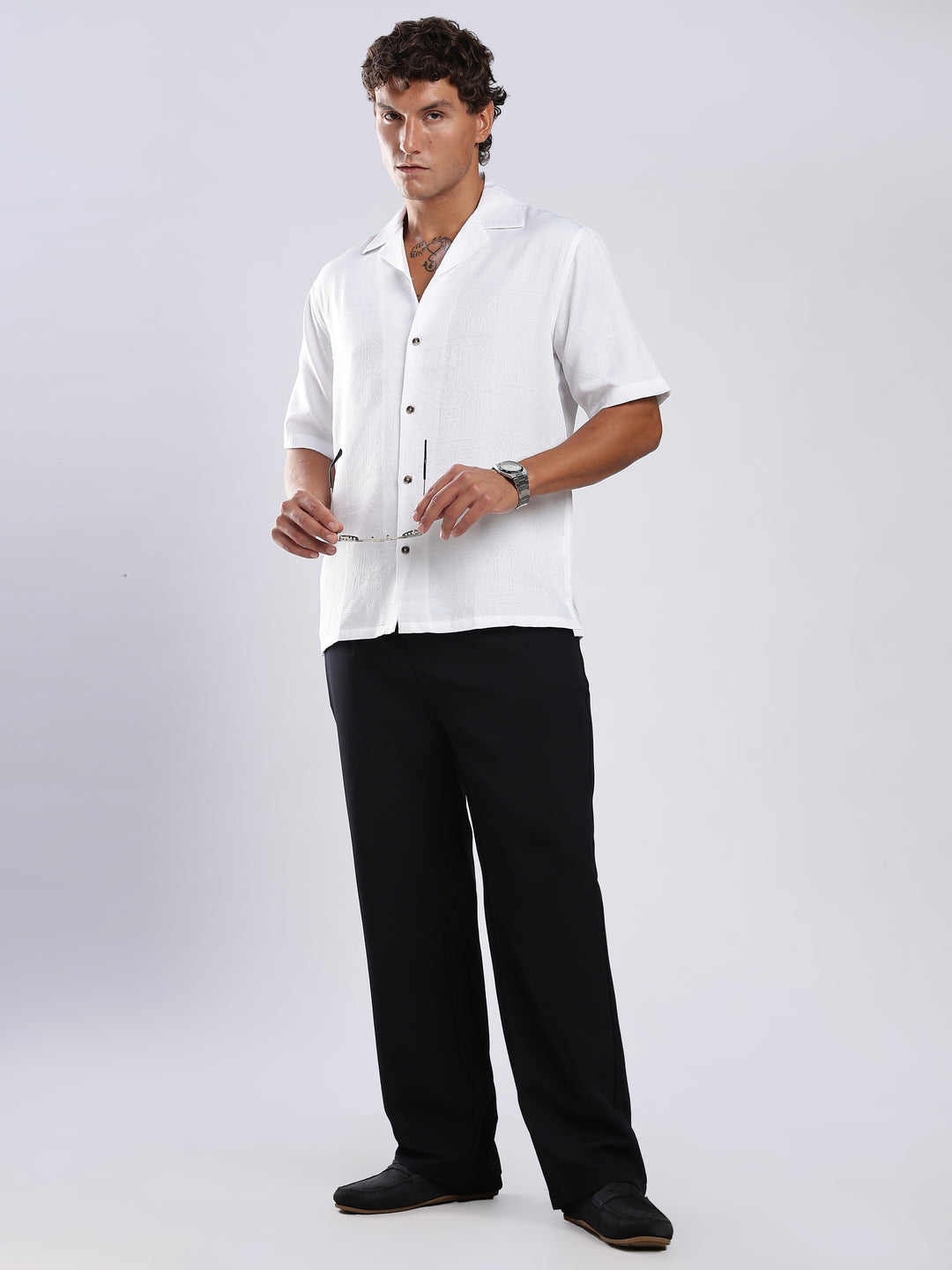 White Jacquard Boxy Fit Shirt
