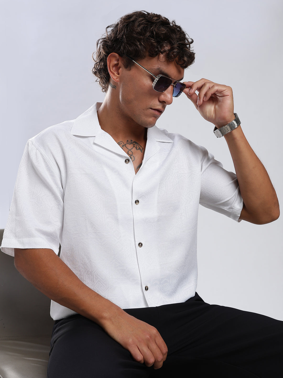 White Jacquard Boxy Fit Shirt