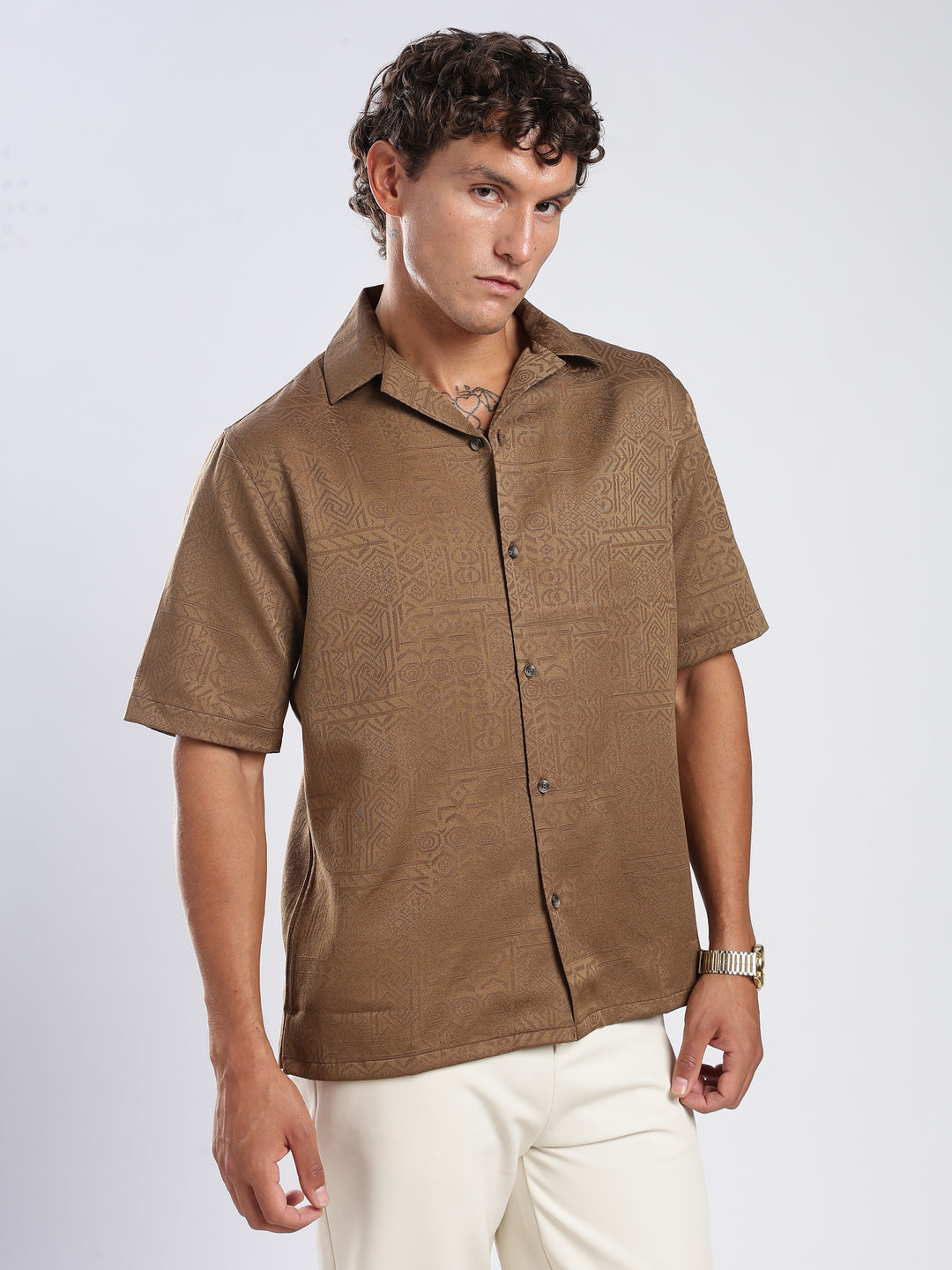 Olive Jacquard Boxy Fit Shirt