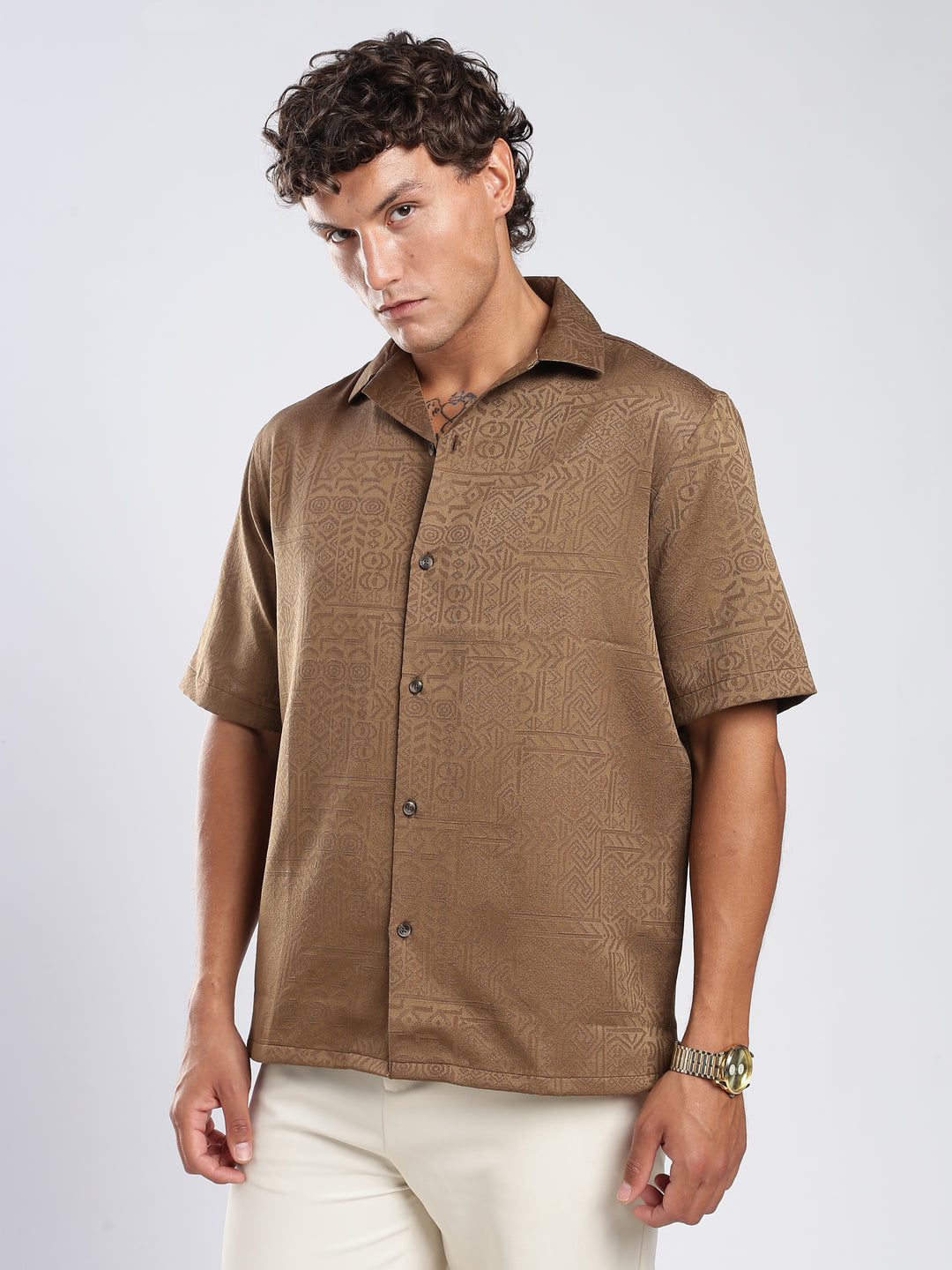 Olive Jacquard Boxy Fit Shirt