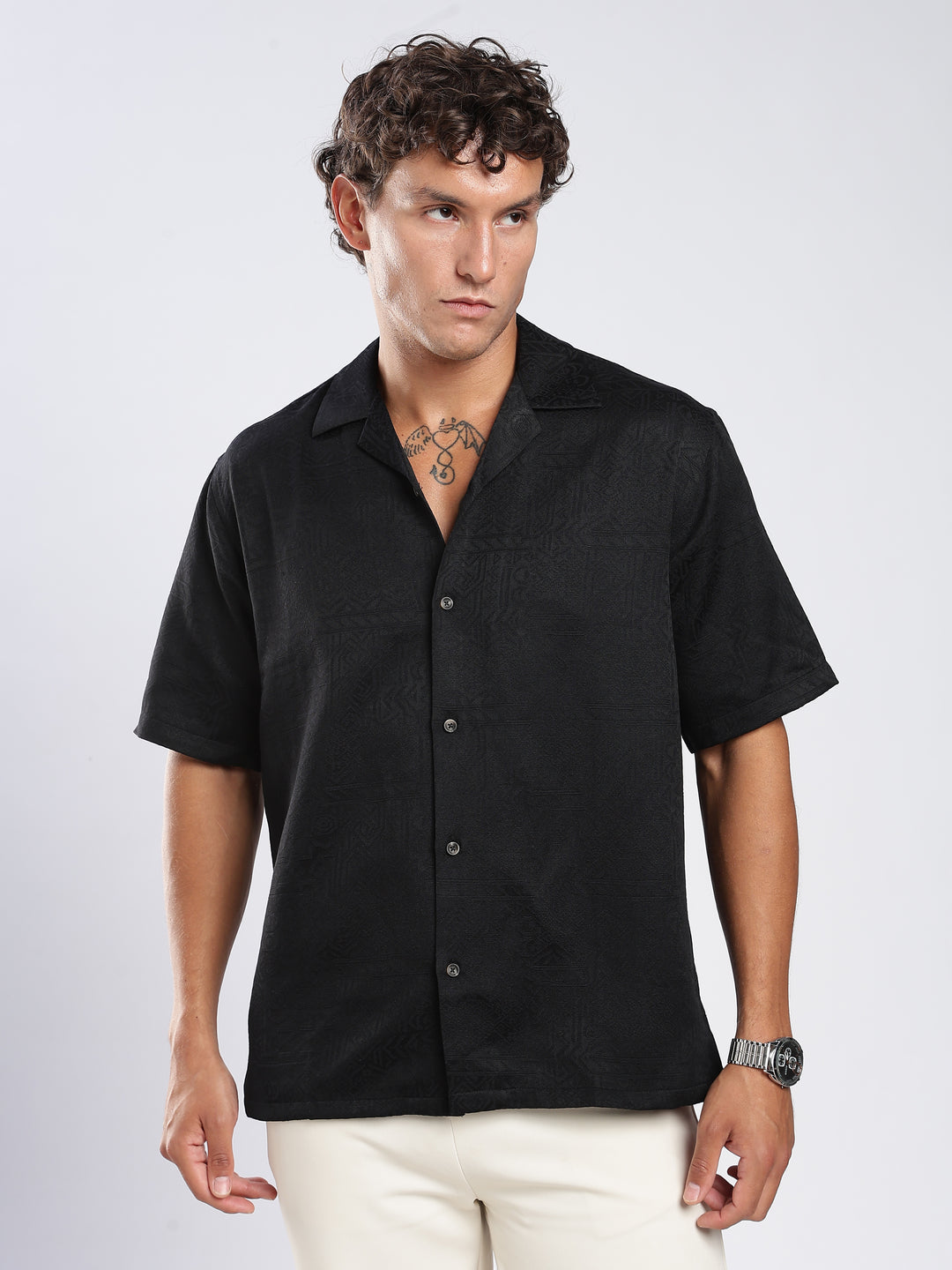 Black Jacquard Boxy Fit  Shirt