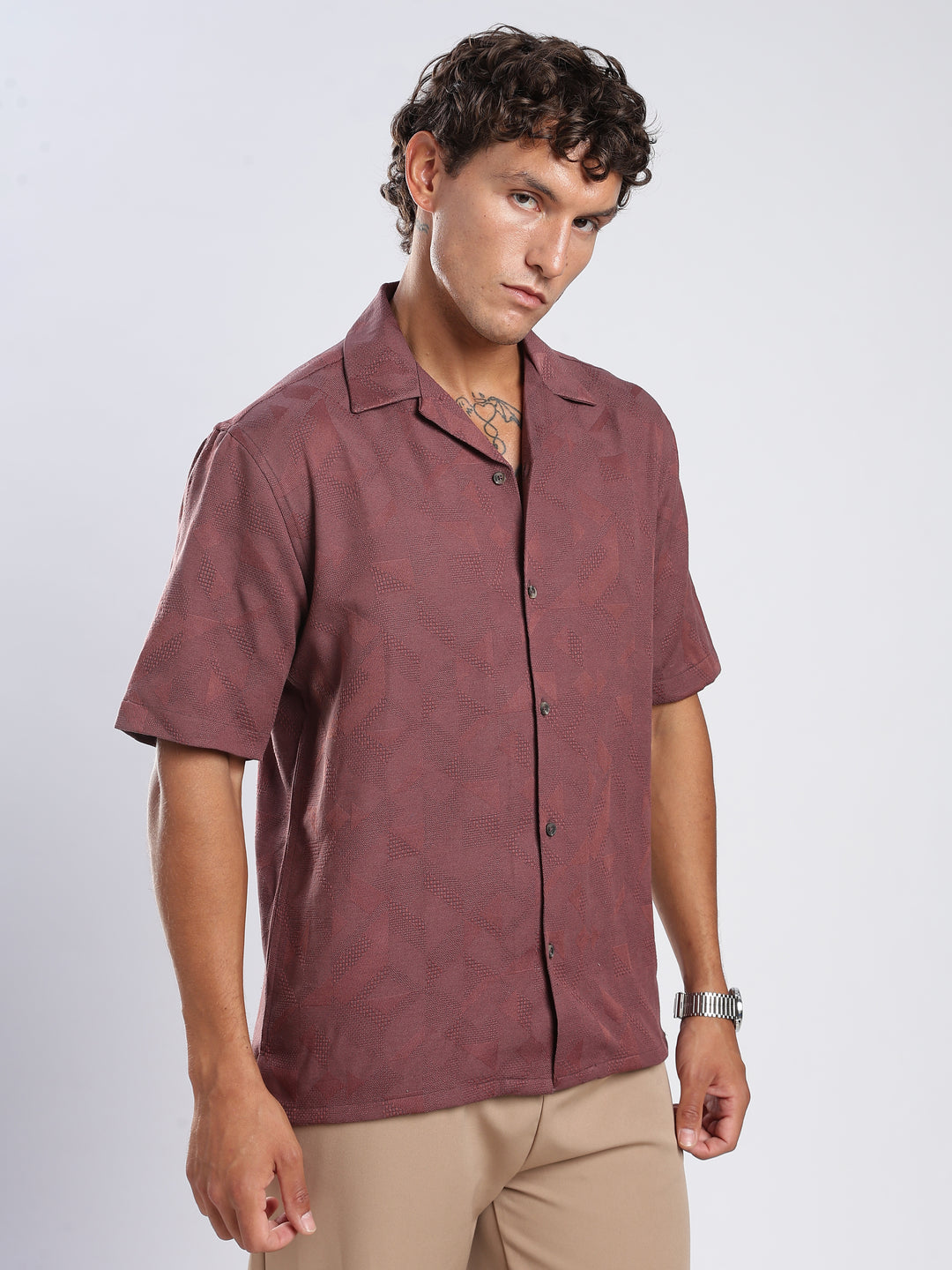 Wine Jacquard Boxy Fit Shirt