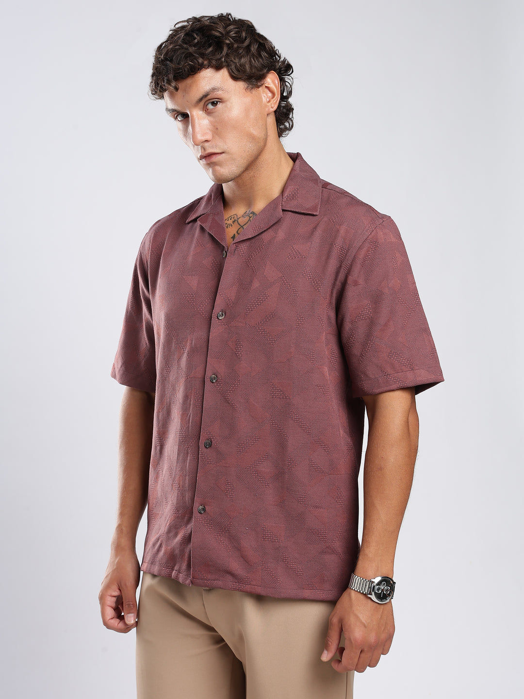 Wine Jacquard Boxy Fit Shirt