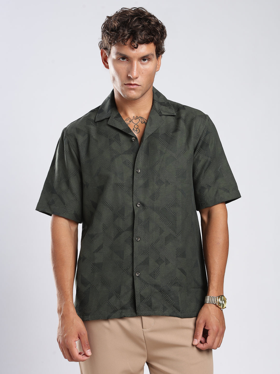 Green Jacquard Boxy Fit Shirt