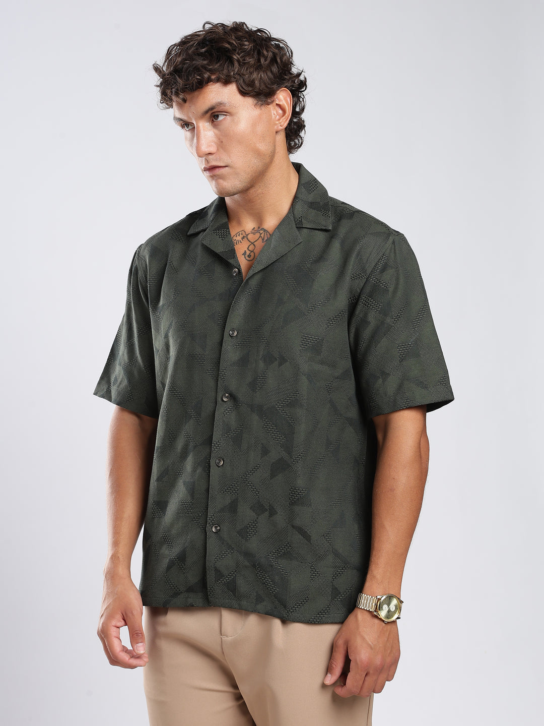 Green Jacquard Boxy Fit Shirt