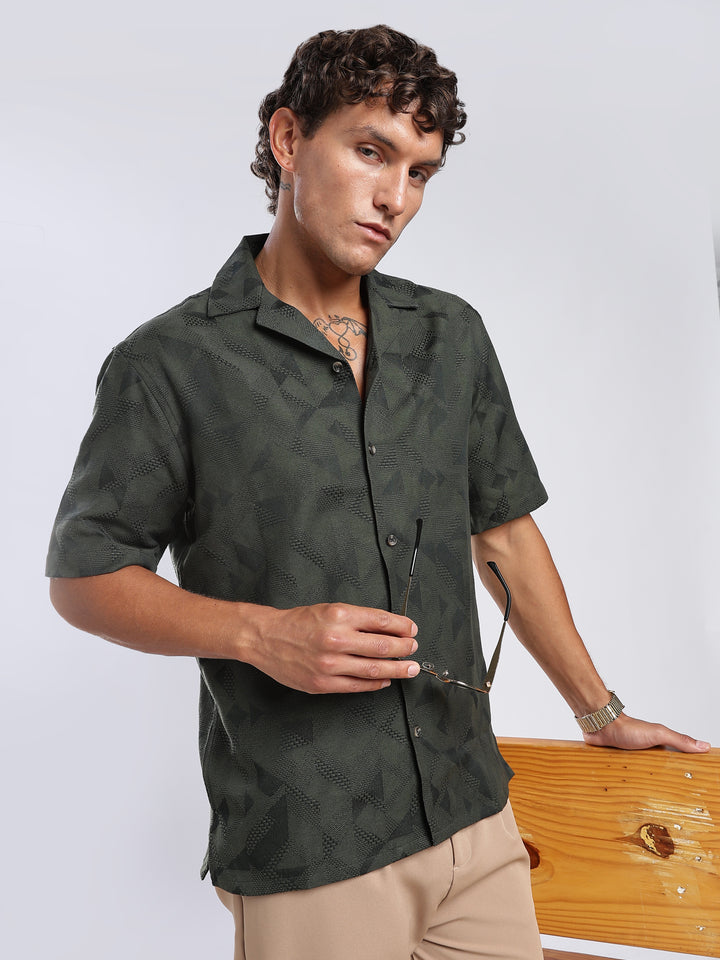 Green Jacquard Boxy Fit Shirt