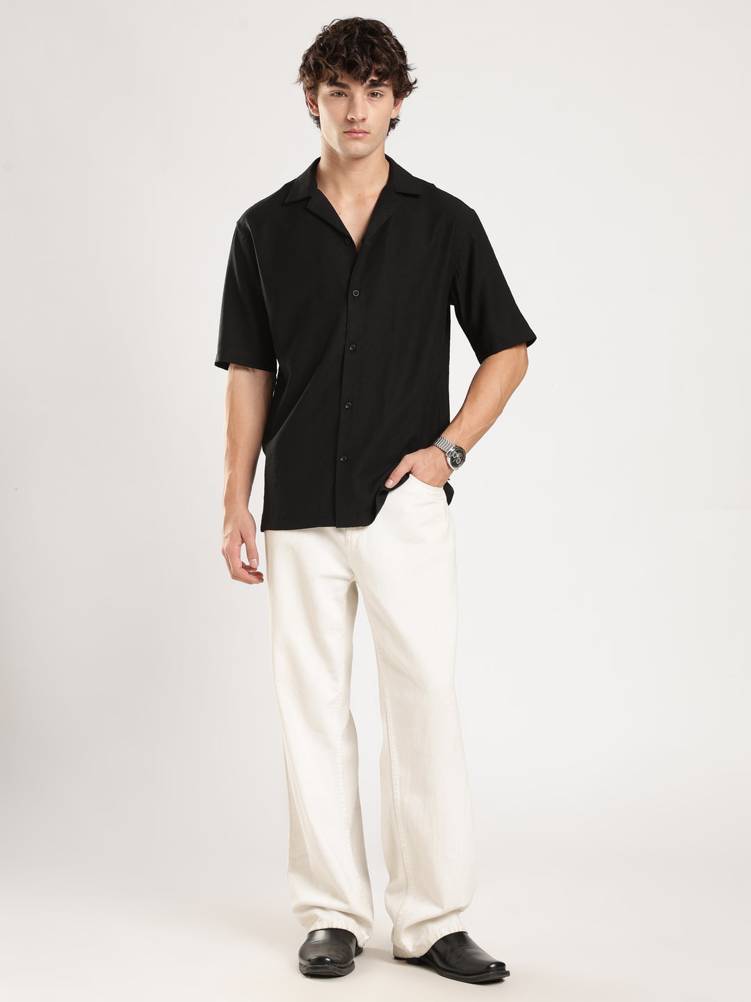 Black Solid Boxy Shirt