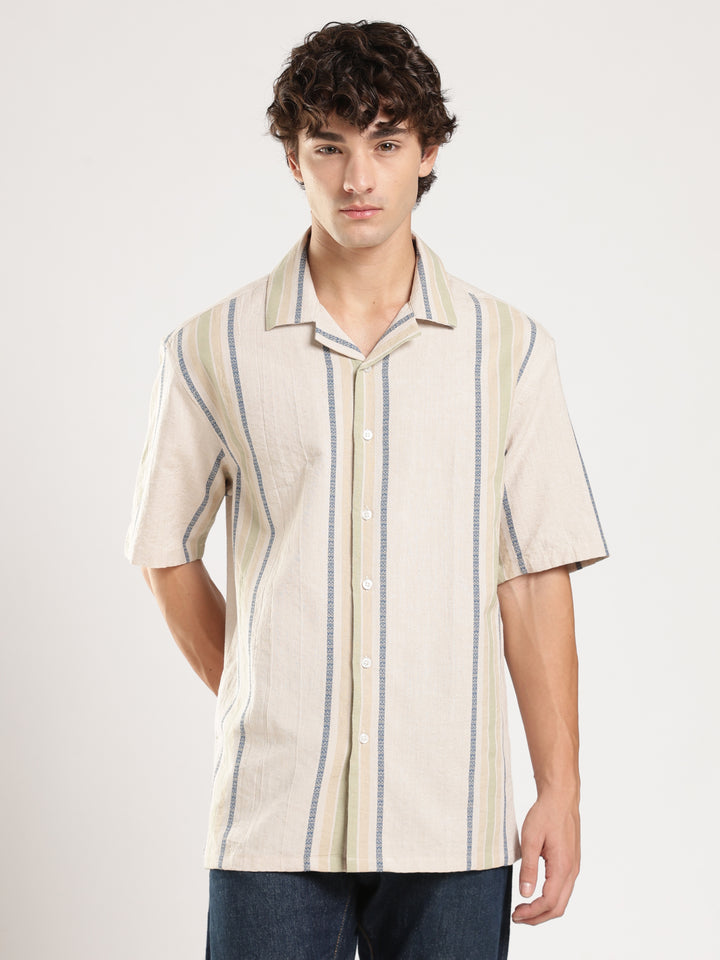 Beige Striped Boxy Fit Casual Shirt