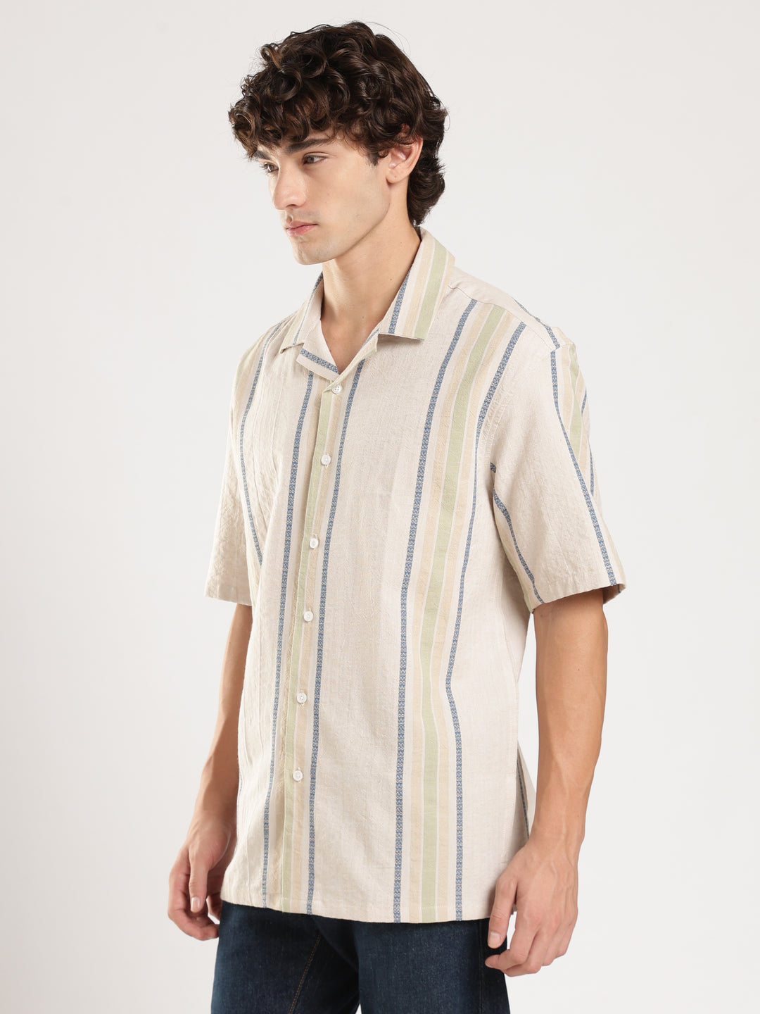 Beige Striped Boxy Fit Casual Shirt