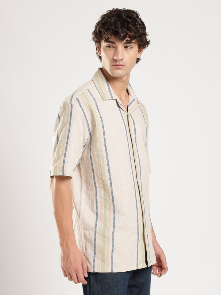 Beige Striped Boxy Fit Casual Shirt