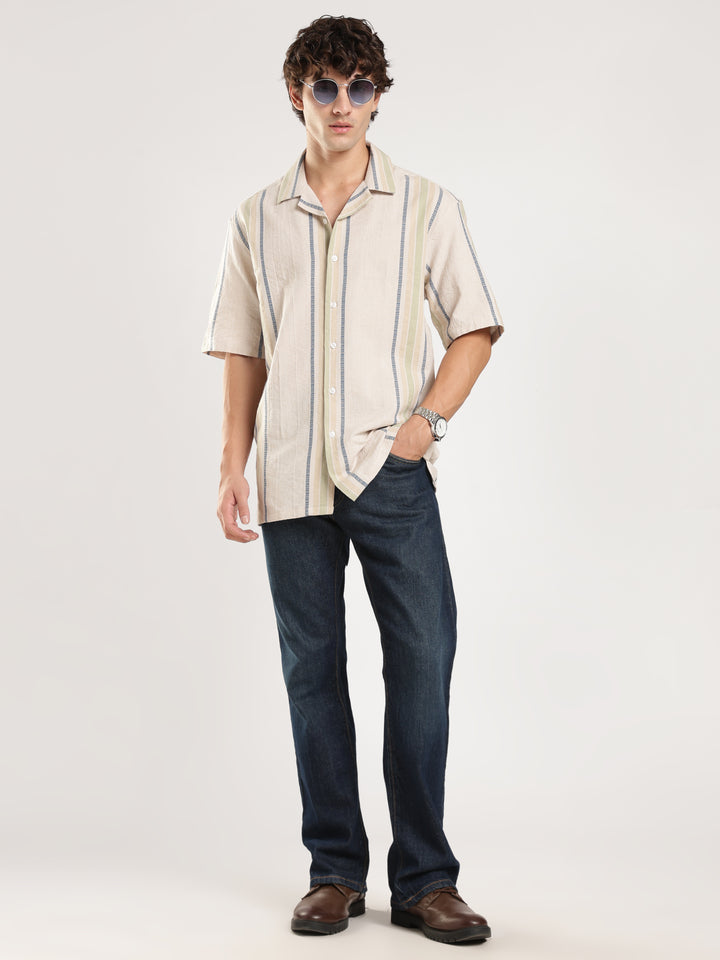 Beige Striped Boxy Fit Casual Shirt
