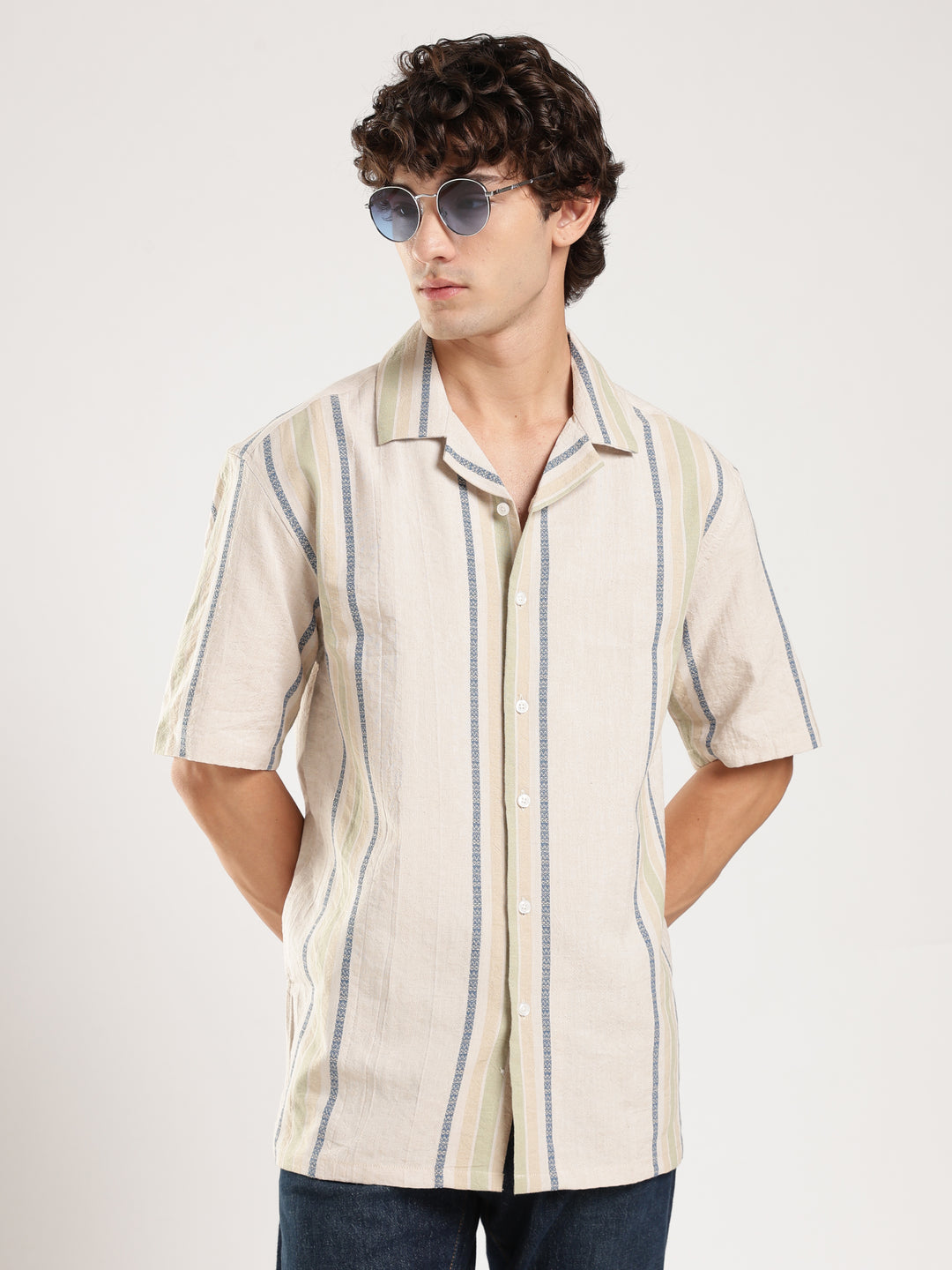Beige Striped Boxy Fit Casual Shirt