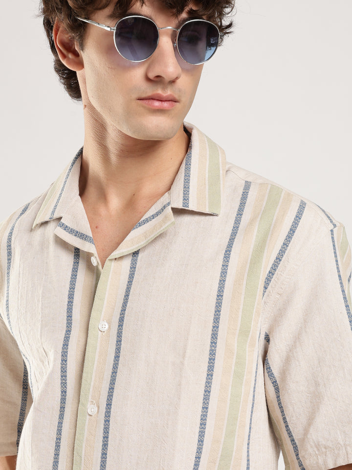 Beige Striped Boxy Fit Casual Shirt