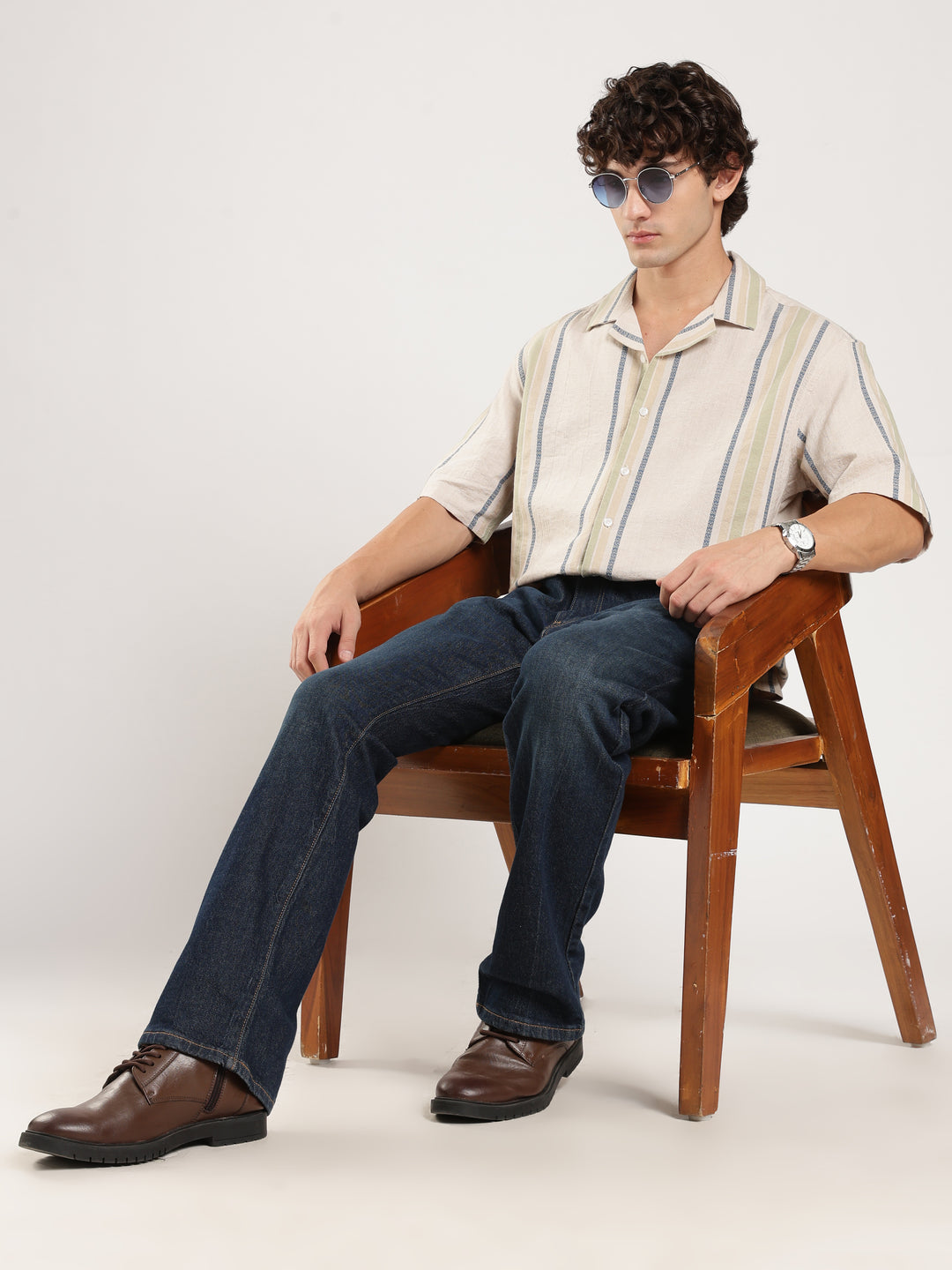 Beige Striped Boxy Fit Casual Shirt