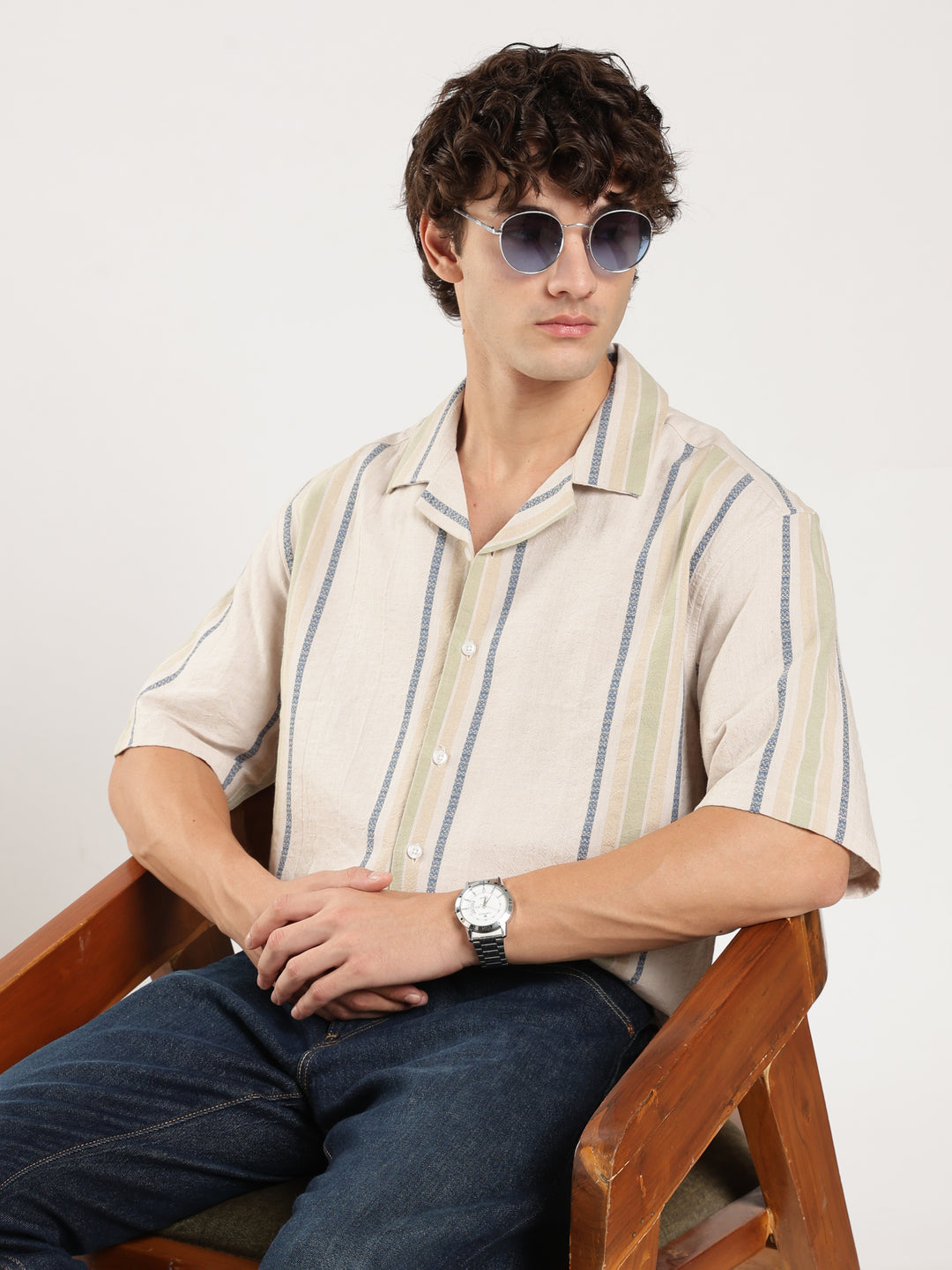 Beige Striped Boxy Fit Casual Shirt