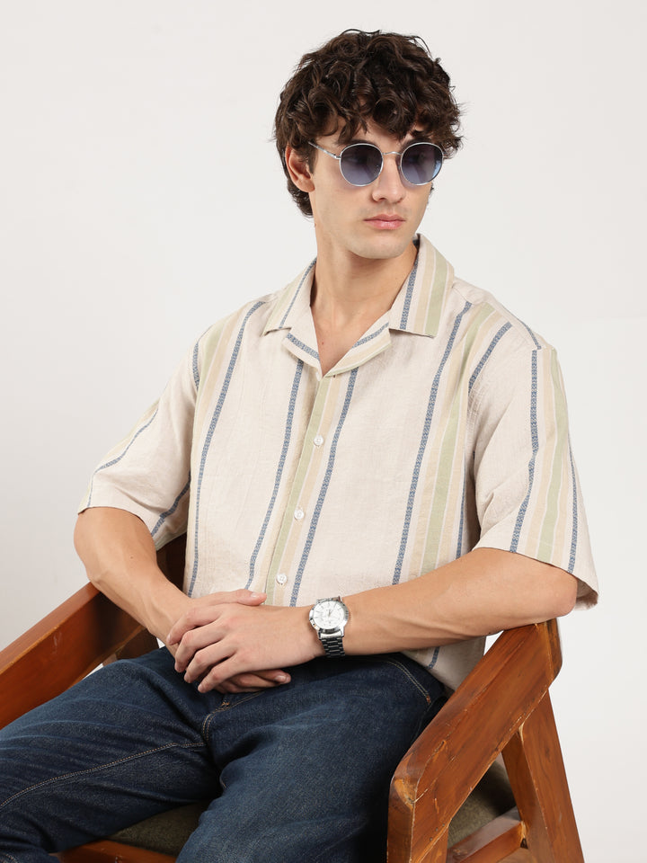 Beige Striped Boxy Fit Casual Shirt