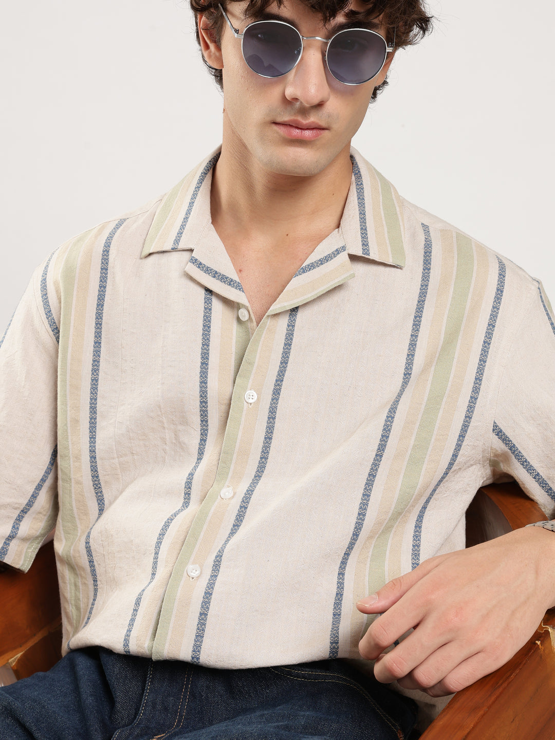 Beige Striped Boxy Fit Casual Shirt