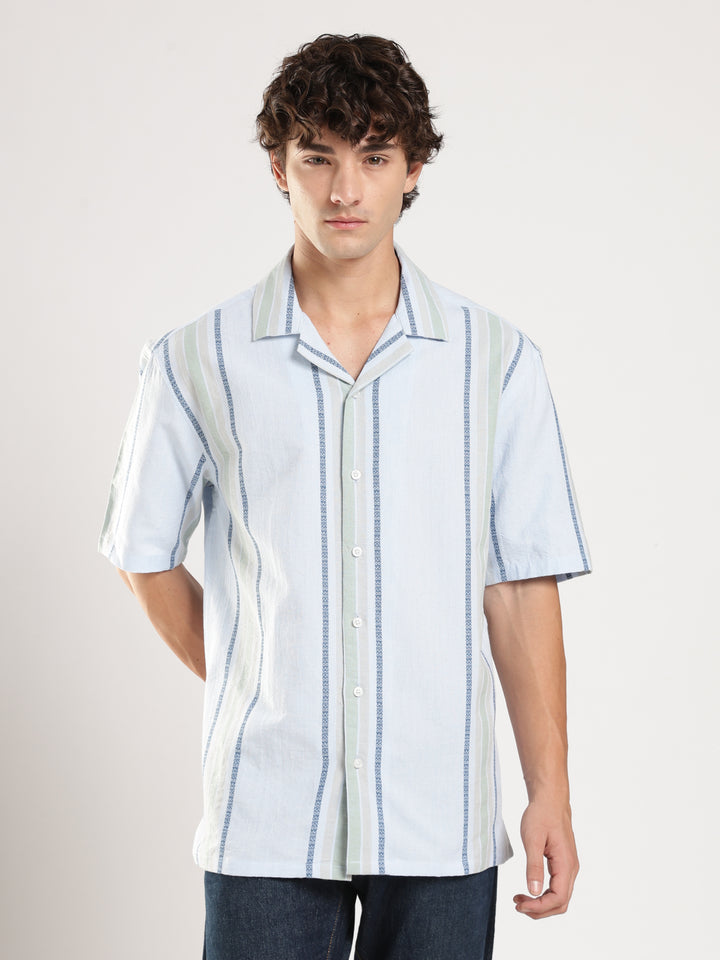 Sky Blue Striped Boxy Fit Casual Shirt