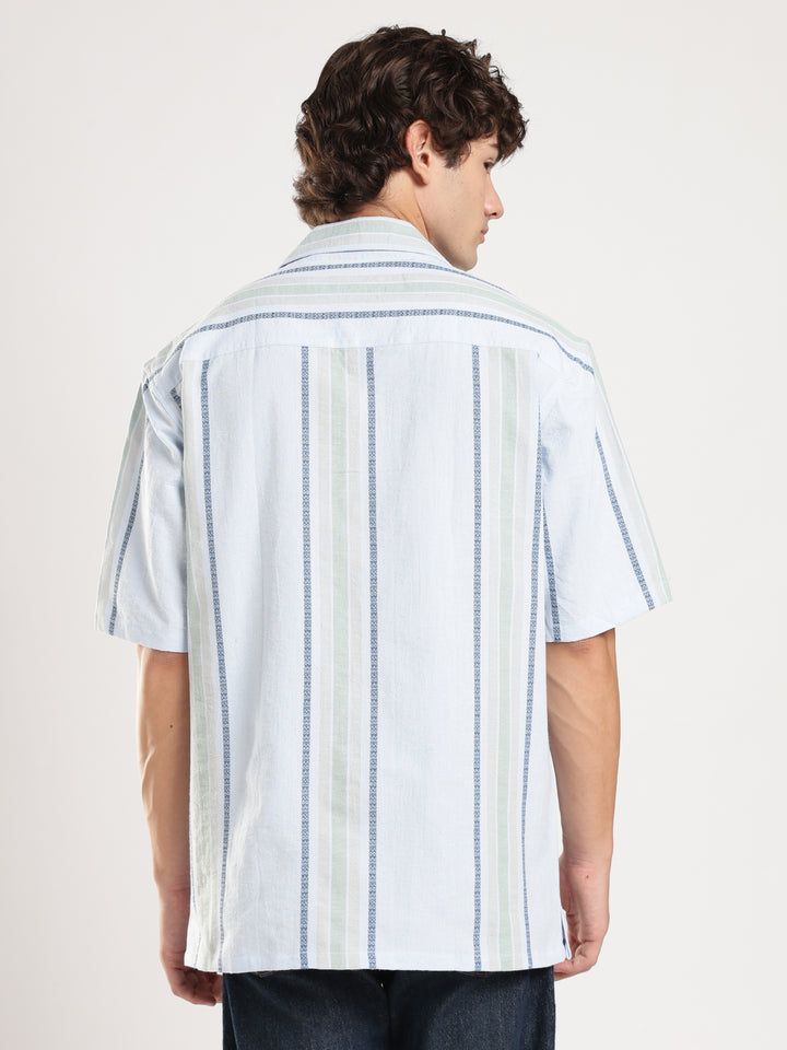 Sky Blue Striped Boxy Fit Casual Shirt