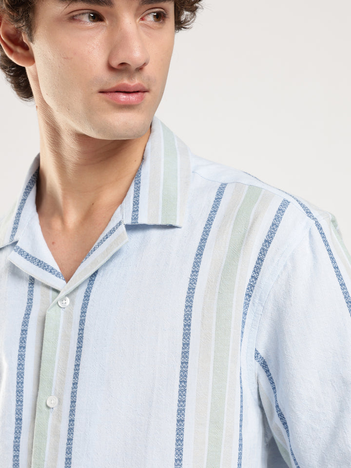 Sky Blue Striped Boxy Fit Casual Shirt
