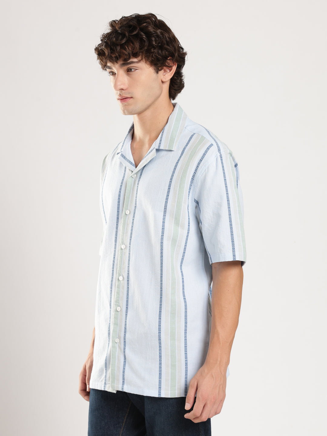 Sky Blue Striped Boxy Fit Casual Shirt