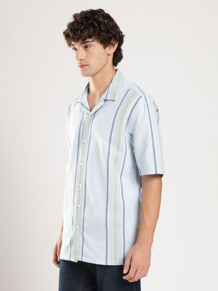 Sky Blue Striped Boxy Fit Casual Shirt