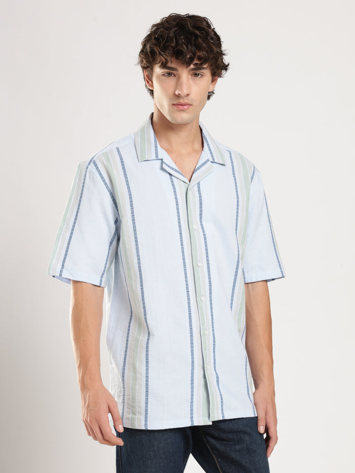 Sky Blue Striped Boxy Fit Casual Shirt