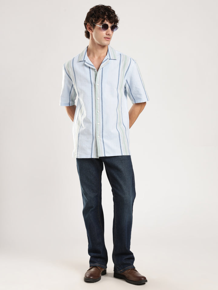 Sky Blue Striped Boxy Fit Casual Shirt