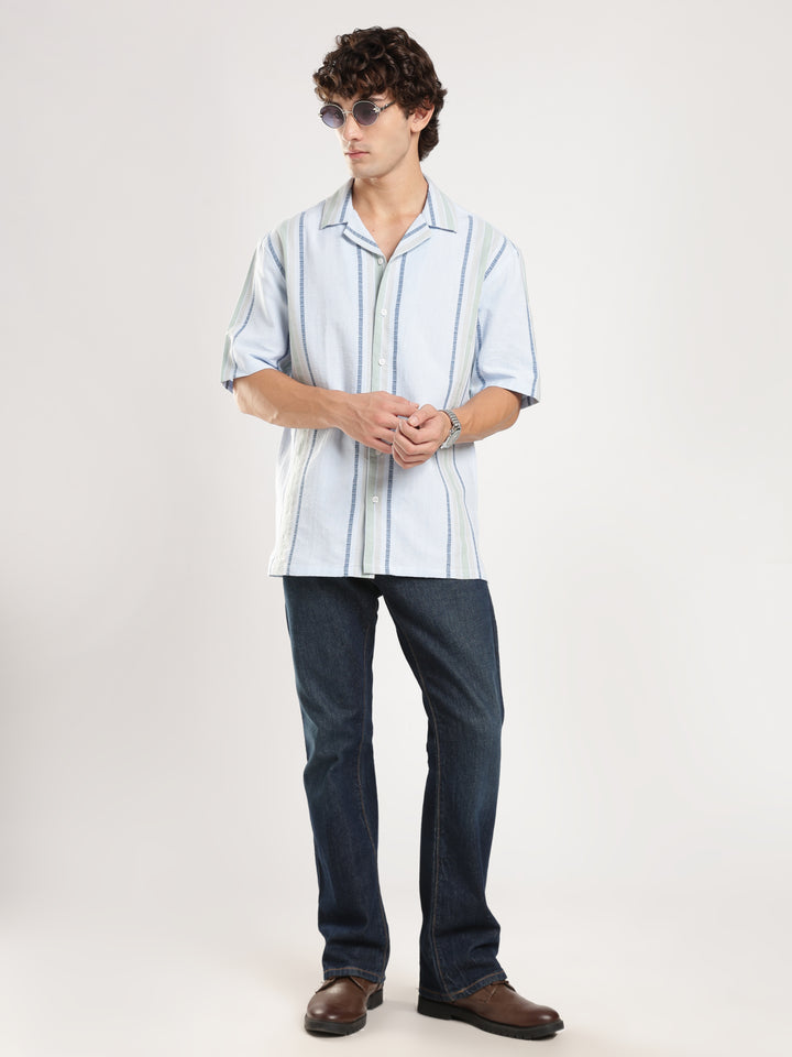 Sky Blue Striped Boxy Fit Casual Shirt