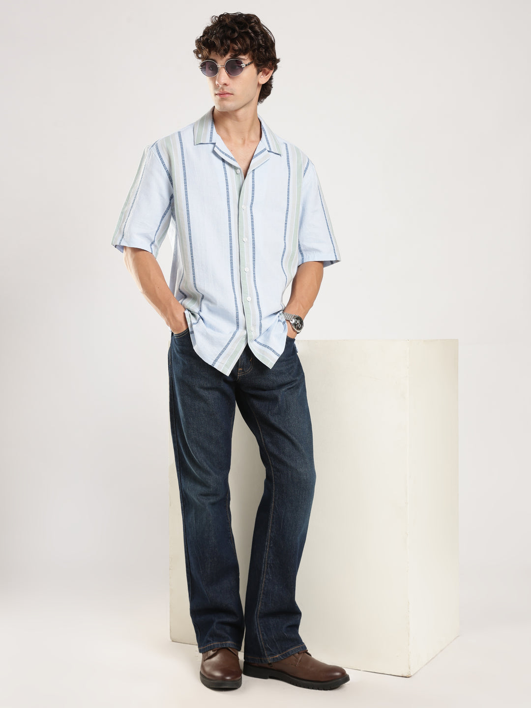 Sky Blue Striped Boxy Fit Casual Shirt