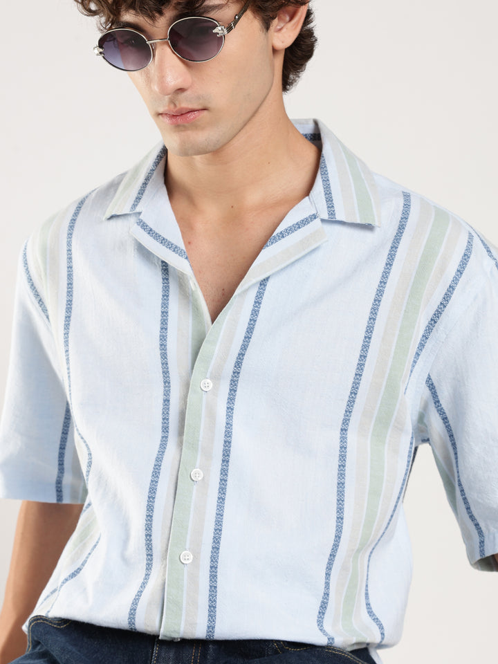 Sky Blue Striped Boxy Fit Casual Shirt