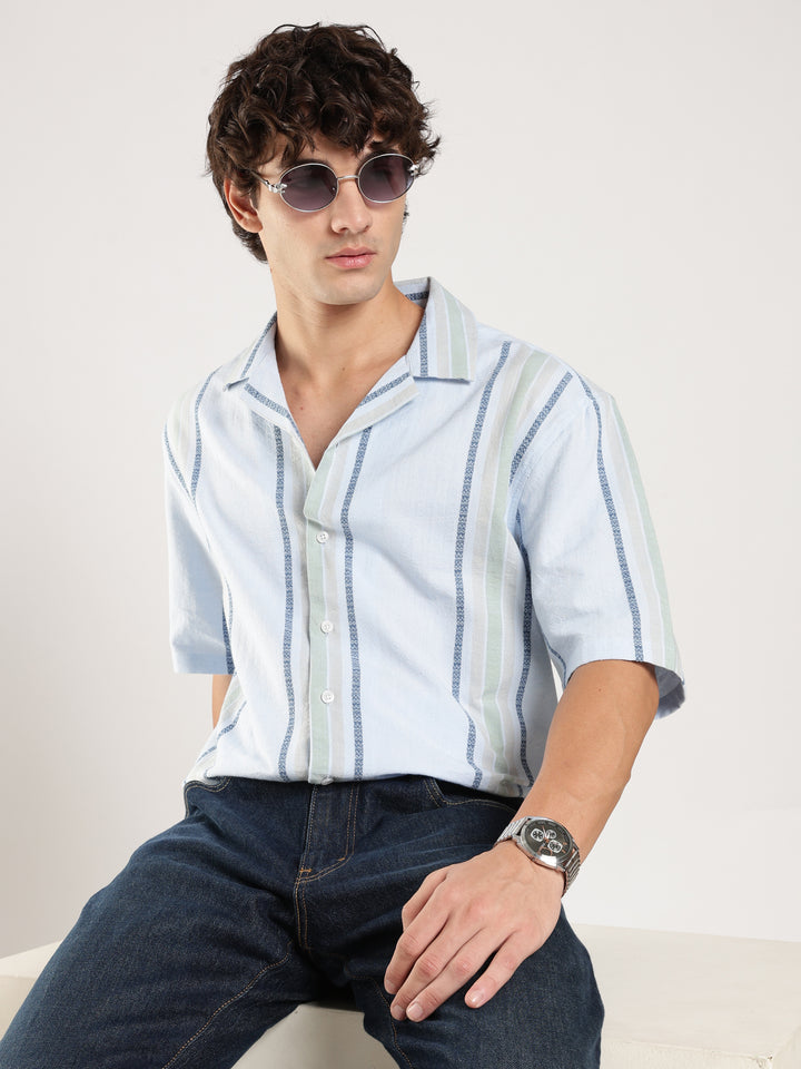 Sky Blue Striped Boxy Fit Casual Shirt