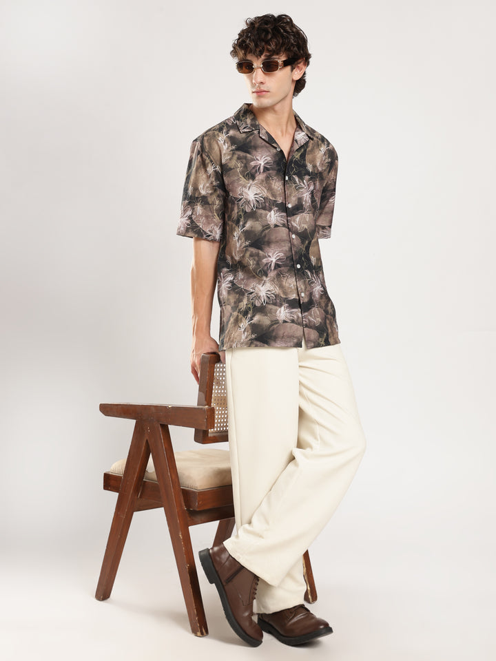 Brown Printed Boxy Fit Casual Shirt