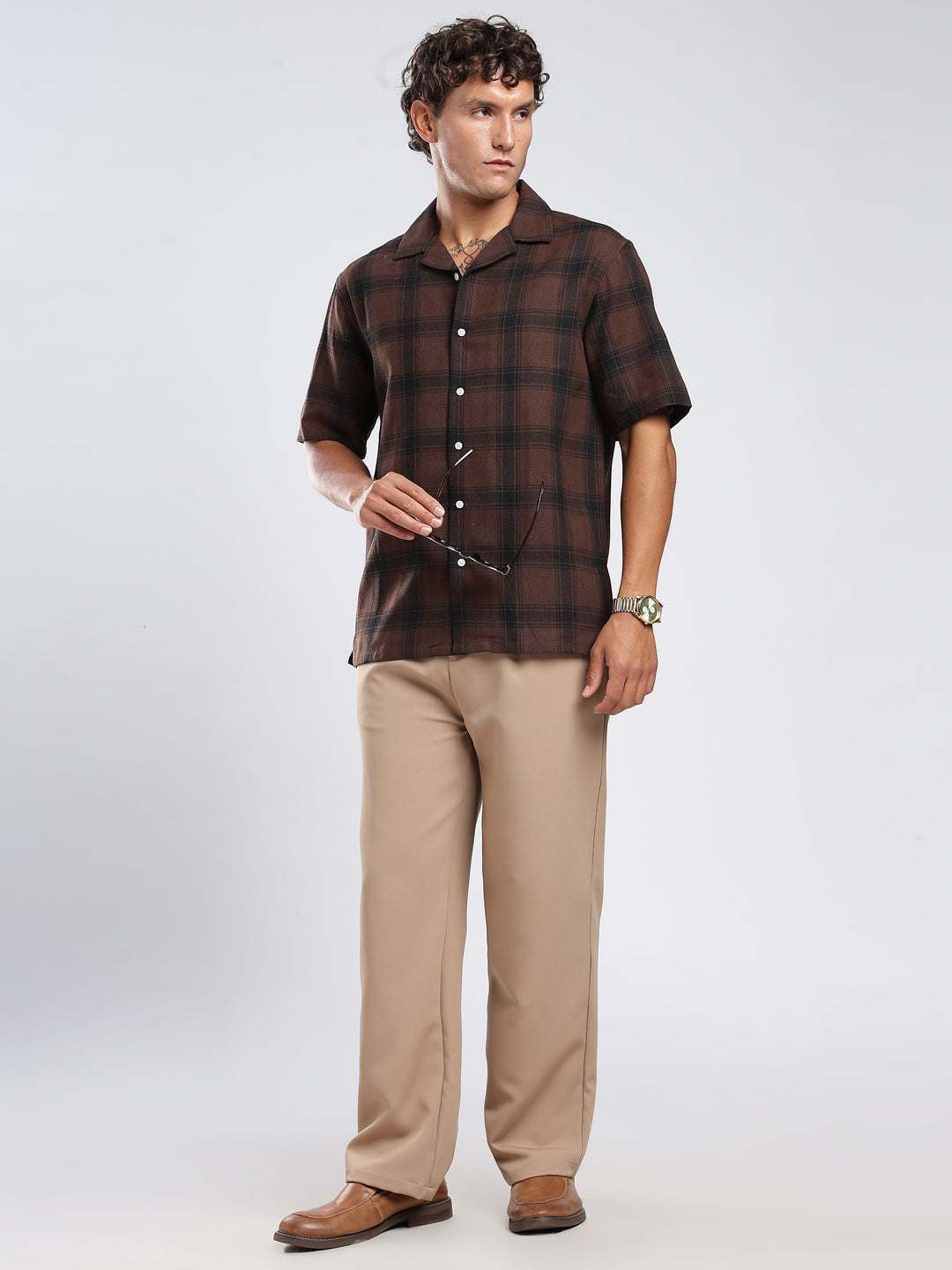 Brown Checked Boxy Fit Casual Shirt