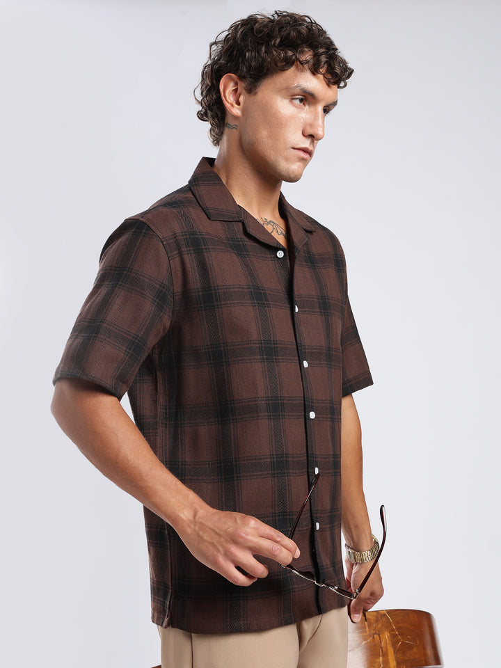 Brown Checked Boxy Fit Casual Shirt