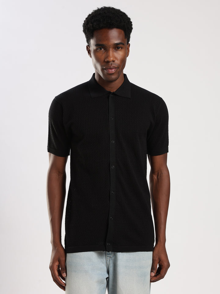 Black Textured Regular Fit Flat Knit Shirt